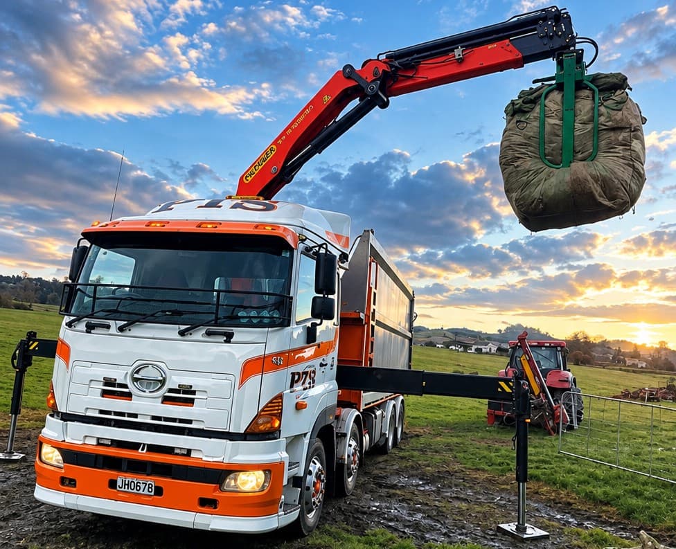 A PTS truck on farm at dusk, its crane lifting a full liner of used silage wrap onto the deck.
